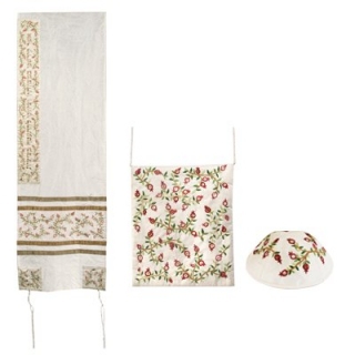 Yair Emanuel Embroidered Dark Pomegranates Raw Silk Tallit Set in White with Tallisack