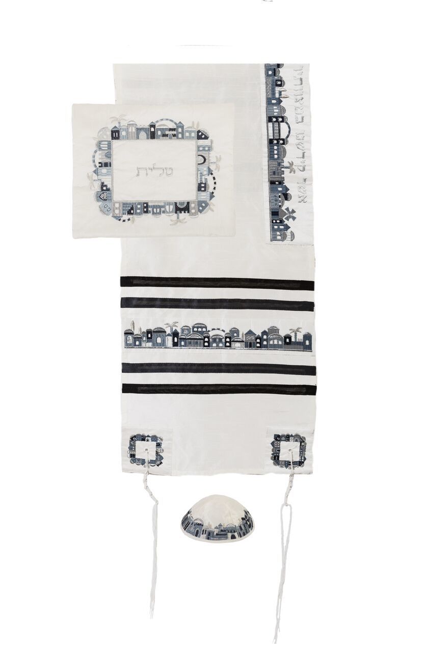 Yair Emanuel Tallit Embroidered Jerusalem in Black