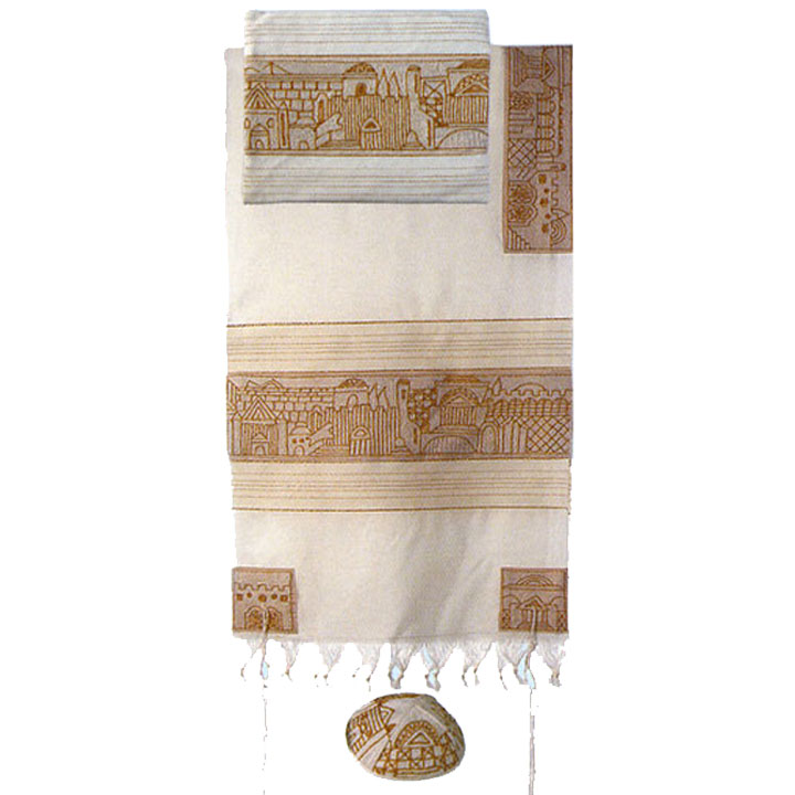 Yair Emanuel Hand Embroidered Jerusalem in Gold Tallit Set