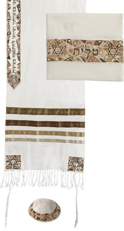 Yair Emanuel Embroidered Raw Silk Tallit Set Star of David Design in Gold