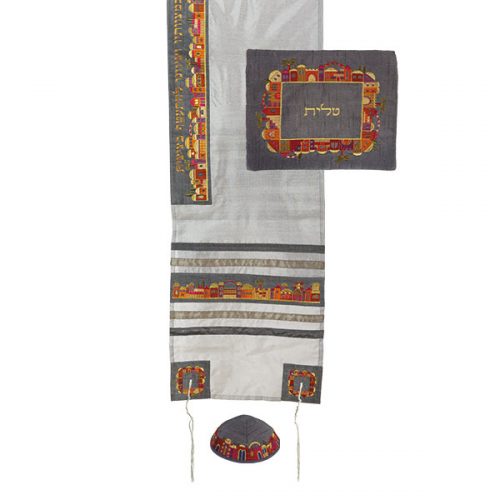 Yair Emanuel Embroidered Raw Silk Tallit Set Jerusalem in Grey