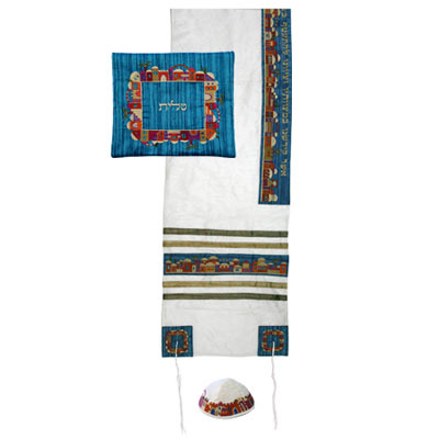 Yair Emanuel Embroidered Raw Silk Tallit Set in Jerusalem White