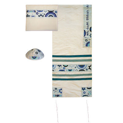 Yair Emanuel Embroidered Raw Silk Tallit Set with Jewish Symbols in Blue