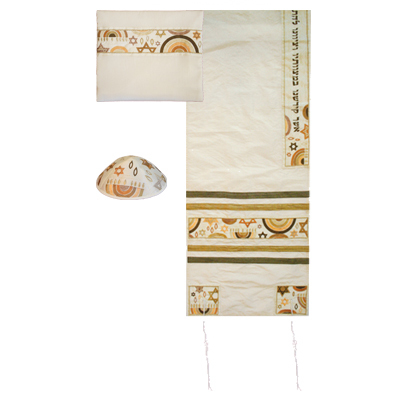 Yair Emanuel Embroidered Raw Silk Tallit Set with Jewish Symbols in Gold