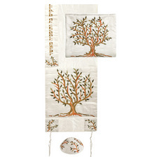 Yair Emanuel Embroidered Raw Silk Tallit Set Tree of Life Design in Green, Gold, and Copper Shades