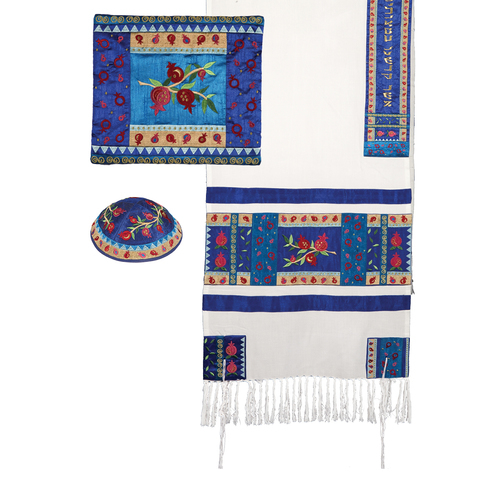 Yair Emanuel Embroidered Raw Silk Tallit Set Pomegranates Design in Multicolor