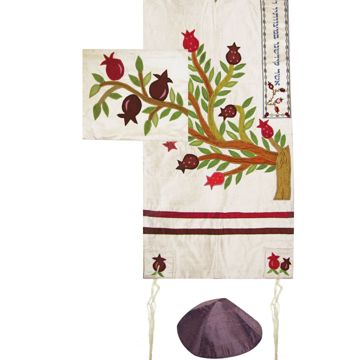 Yair Emanuel Tree of Life - Pomegranates White Raw Silk Applique'd Tallit