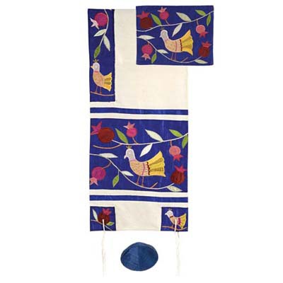 Yair Emanuel Birds in Blue Raw Silk Applique'd Tallit