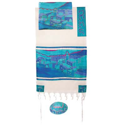 Yair Emanuel Vista in Turquoise Cotton and Silk Tallit Set